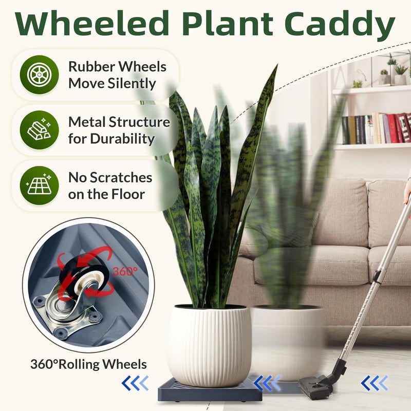 REDHUGO 2PCS Square Plant Caddy with Hidden Wheels, Heavy Duty Rolling Plant Stand Caddy with Wheels, Pot Base for Indoor Outdoor, Gray, 13 inches - Image 4
